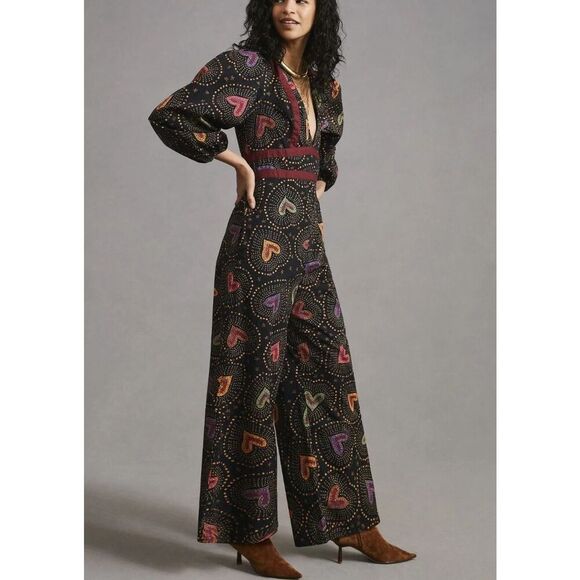 NEW Anthropologie x Farm Rio Deep-V Hearts Print Wide-Leg Jumpsuit, Size Small - Picture 4 of 8